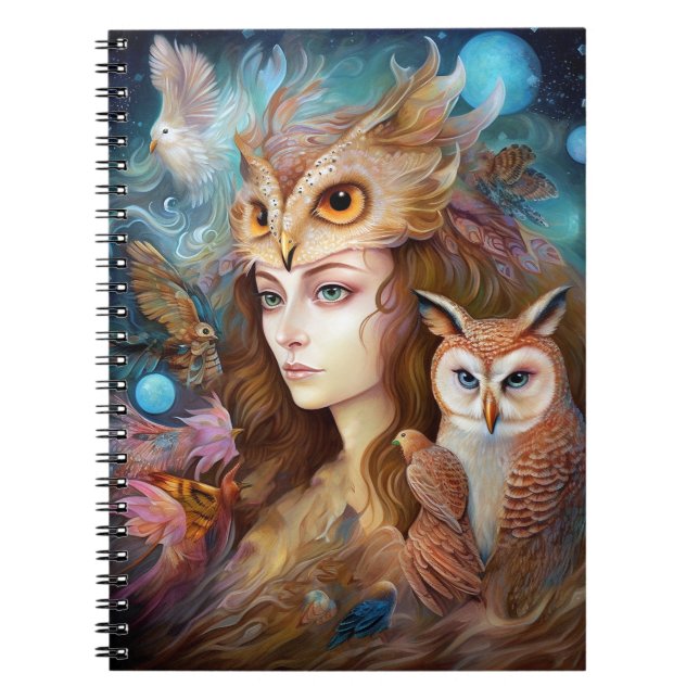 Dam med Uggla Surreal Fantasy Art Anteckningsbok (Framsidan)
