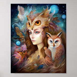 Dam med Uggla Surreal Fantasy Art Poster
