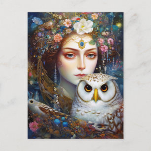 Dam med Uggla Surreal Fantasy Art Vykort