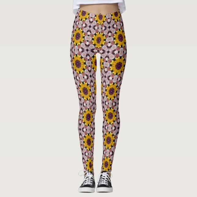 Dam-mönstrade blommande solstråleleggings leggings (Framsida)