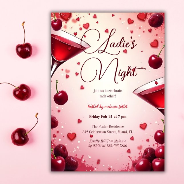 Dam Night Cherry & Cocktail Galentine's Inbjudningar (Ladies Night Cherry & Cocktail Galentine's Invitation)