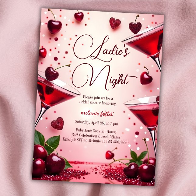 Dam Night Cherry Cocktail Möhippa Inbjudningar (Elegant Ladies' Night Bridal Shower Invitation with Cherry Cocktail Theme)