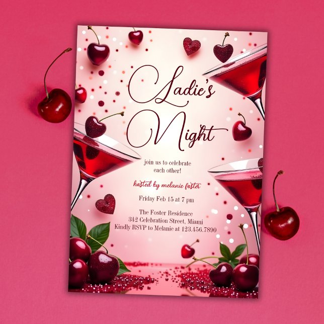 Dam Night Cherry Galentine's Cocktail Party Inbjudningar (Elegant Ladies’ Night Galentine’s Day Party Invitation – Cherry & Cocktail Theme)