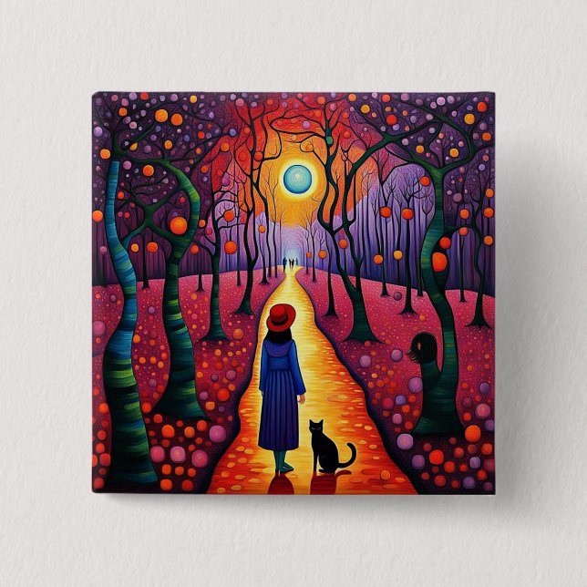 Dam och hennes katt i Plum Grove Knapp (Framsida)