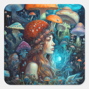 Dam och svampar Surreal Fantasy Art Fyrkantigt Klistermärke
