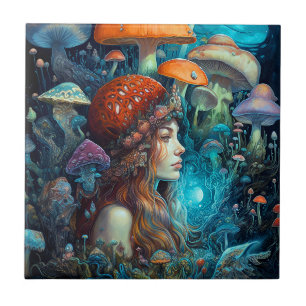 Dam och svampar Surreal Fantasy Art Kakelplatta
