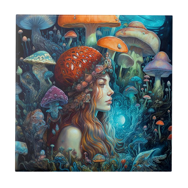 Dam och svampar Surreal Fantasy Art Kakelplatta (Framsidan)