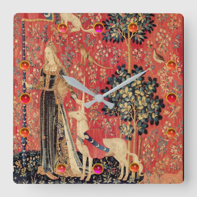 DAM OCH UNICORN Fantasy Flowers,Animals,Gemstones Fyrkantig Klocka (Framsida)