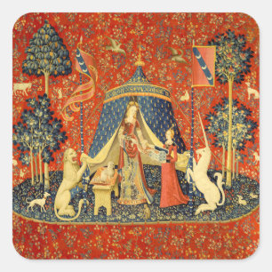 Dam och Unicorn Medieval Tapestry Art Fyrkantigt Klistermärke