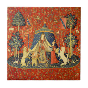 Dam och Unicorn Medieval Tapestry Art Kakelplatta
