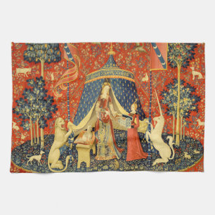 Dam och Unicorn Medieval Tapestry Art Kökshandduk