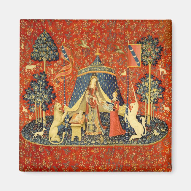 Dam och Unicorn Medieval Tapestry Art Magnet (Framsidan)