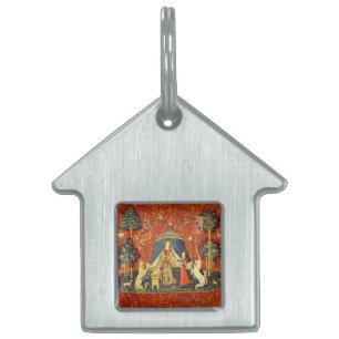 Dam och Unicorn Medieval Tapestry Art Namnbricka Husdjur