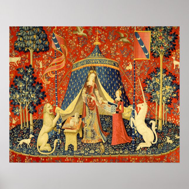 Dam och Unicorn Medieval Tapestry Art Poster (Framsidan)