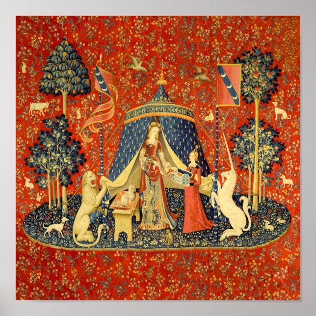 Dam och Unicorn Medieval Tapestry Art Poster (Framsidan)