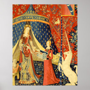 Dam och Unicorn Medieval Tapestry Art Poster