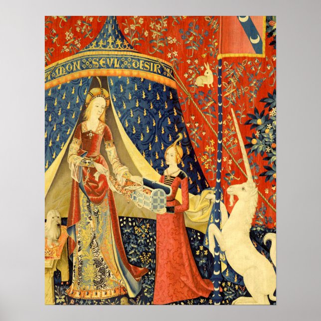 Dam och Unicorn Medieval Tapestry Art Poster (Framsidan)