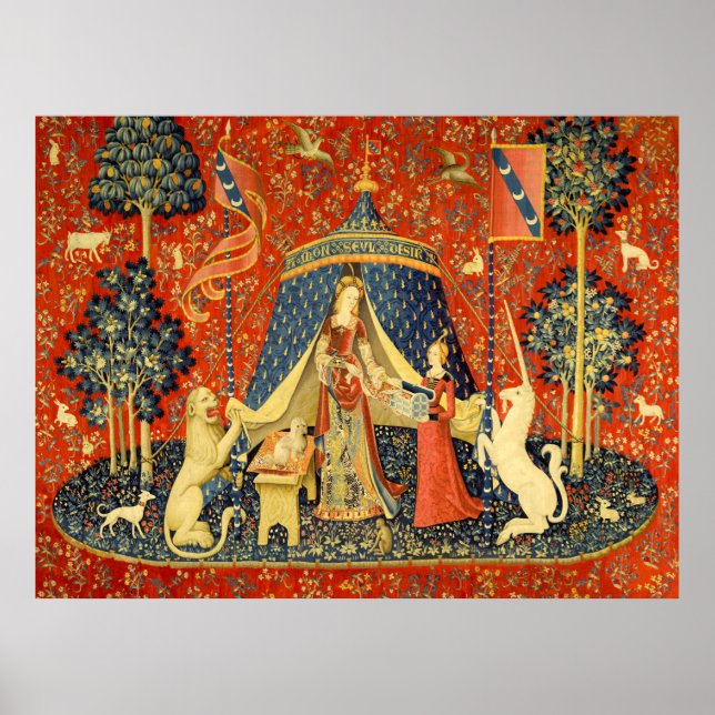 Dam och Unicorn Medieval Tapestry Art Poster (Framsidan)