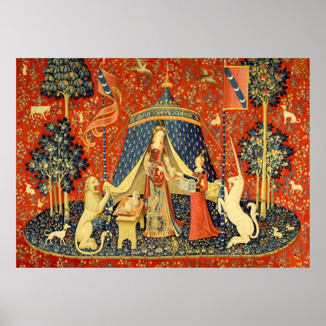 Dam och Unicorn Medieval Tapestry Art Poster (Framsidan)