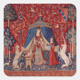 Dam och Unicorn Medieval Tapestry Desire Fyrkantigt Klistermärke