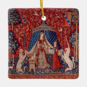 Dam och Unicorn Medieval Tapestry Desire Julgransprydnad Keramik