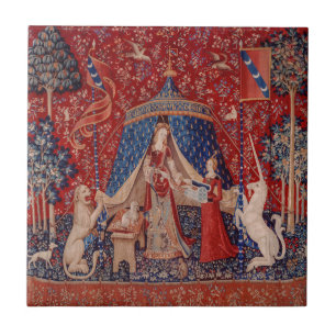 Dam och Unicorn Medieval Tapestry Desire Kakelplatta