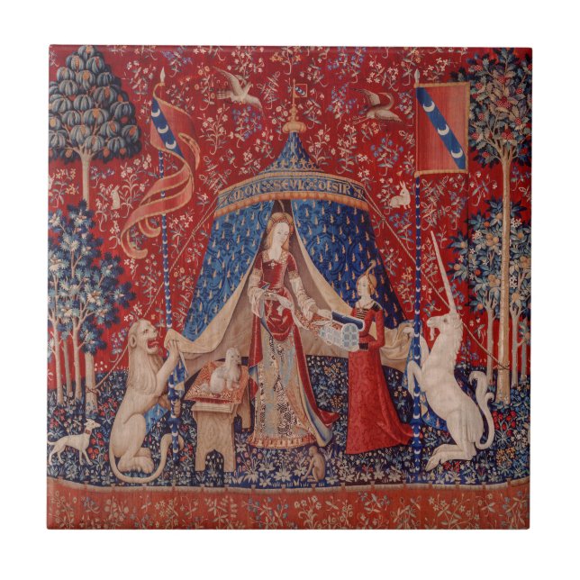 Dam och Unicorn Medieval Tapestry Desire Kakelplatta (Framsidan)