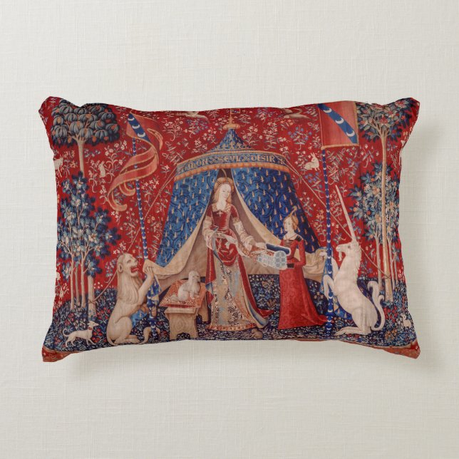 Dam och Unicorn Medieval Tapestry Desire Prydnadskudde (Framsidan)