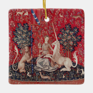 Dam och Unicorn Medieval Tapestry Sight Julgransprydnad Keramik