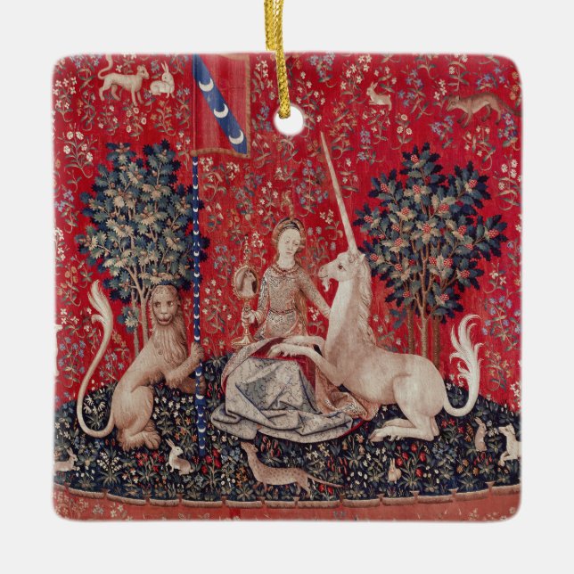 Dam och Unicorn Medieval Tapestry Sight Julgransprydnad Keramik (Framsida)