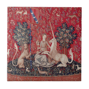 Dam och Unicorn Medieval Tapestry Sight Kakelplatta