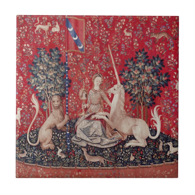 Dam och Unicorn Medieval Tapestry Sight Kakelplatta (Framsidan)