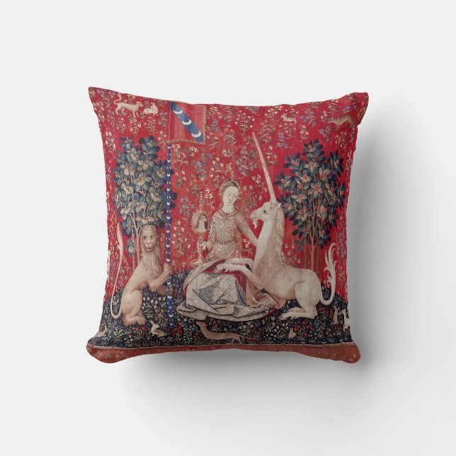 Dam och Unicorn Medieval Tapestry Sight Kudde (Framsida)