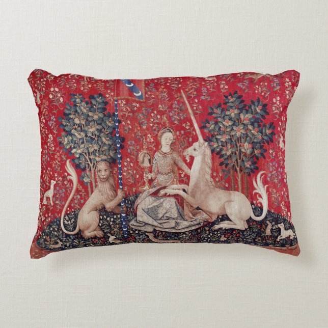 Dam och Unicorn Medieval Tapestry Sight Prydnadskudde (Framsidan)