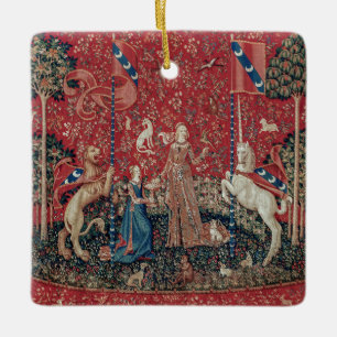 Dam och Unicorn Medieval Tapestry Taste Julgransprydnad Keramik