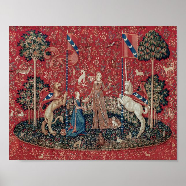 Dam och Unicorn Medieval Tapestry Taste Poster (Framsidan)