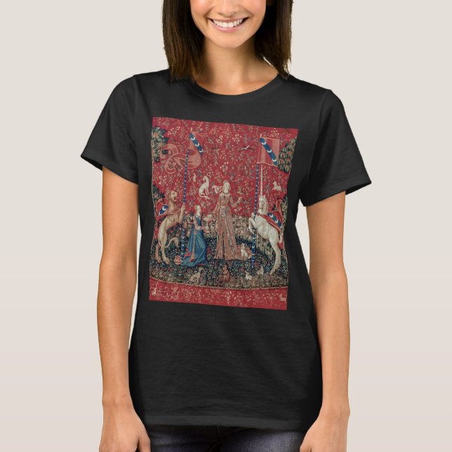 Dam och Unicorn Medieval Tapestry Taste T-Shirt (Framsida)