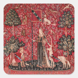 Dam och Unicorn Medieval Tapestry Touch Fyrkantigt Klistermärke