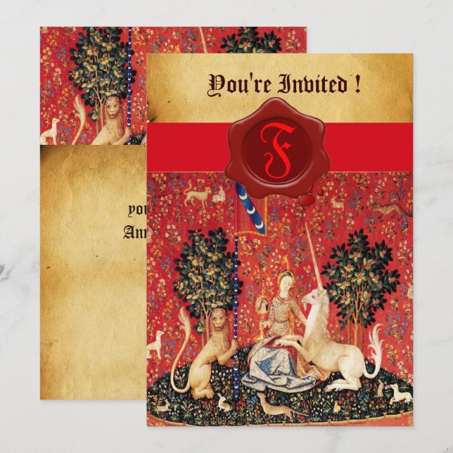 DAM OCH UNICORN MONOGRAM RED VAX SEAL PARCHMENT INBJUDNINGAR (Fram/baksida)