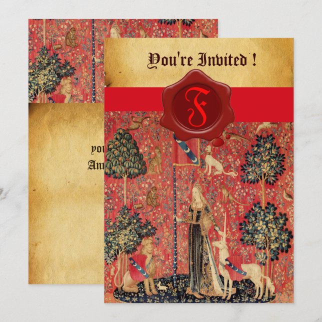 DAM OCH UNICORN MONOGRAM RED VAX SEAL PARCHMENT INBJUDNINGAR (Fram/baksida)