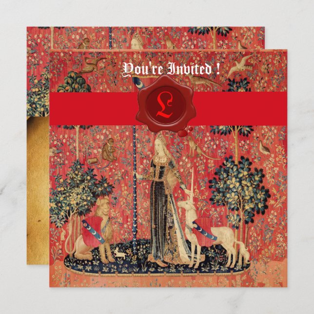 DAM OCH UNICORN MONOGRAM RED VAX SEAL PARCHMENT INBJUDNINGAR (Fram/baksida)