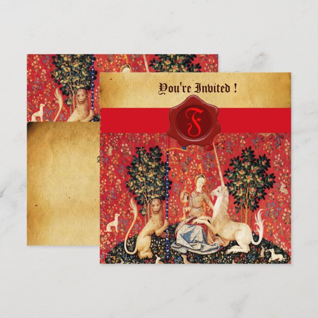 DAM OCH UNICORN MONOGRAM RED VAX SEAL PARCHMENT INBJUDNINGAR (Fram/baksida)