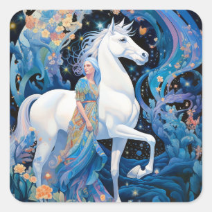 Dam och White Horse Fantasy Art Fyrkantigt Klistermärke