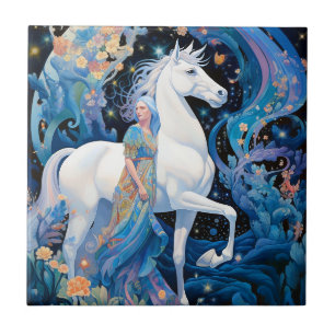 Dam och White Horse Fantasy Art Kakelplatta