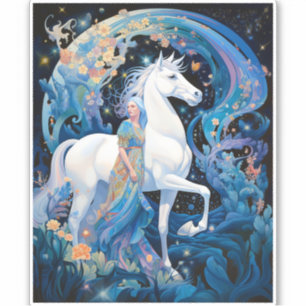 Dam och White Horse Fantasy Art Klistermärken