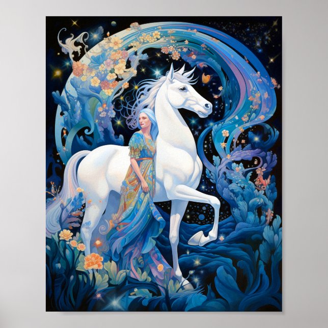 Dam och White Horse Fantasy Art Poster (Framsidan)