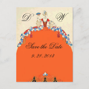 DAM ORANGE/BRÖLLOPSFEST SPARA DATUM MONOGRAM MEDDELANDE VYKORT