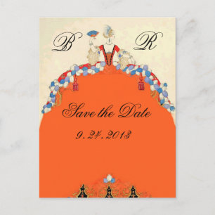 DAM ORANGE/BRÖLLOPSFEST SPARA DATUM MONOGRAM MEDDELANDE VYKORT