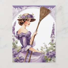 Dam på bakgrunden, vintage Lila Broom Clip art. Vykort