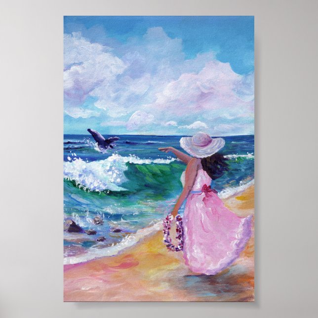 Dam på Beach med Whale Poster (Framsidan)